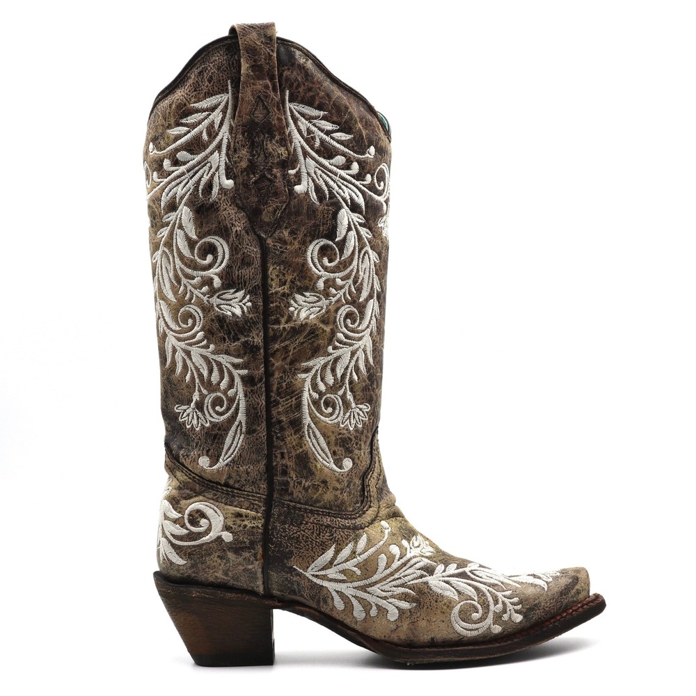 Corral Western Boots Womens 9M Brown Leather Embroider Snip Toe Cowboy Festival